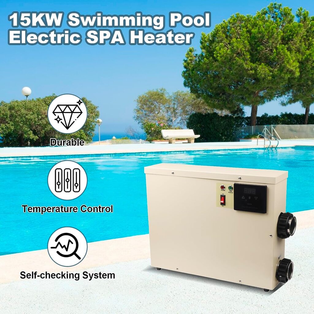 15KW 220V Electric Water Heater Thermostat Swimming Pool Heater Pump for Above-Ground Pools, High Power Adjustable Temperature Control Hot Tub SPA Bath Heater Pump with LCD, Portable Pool Heater