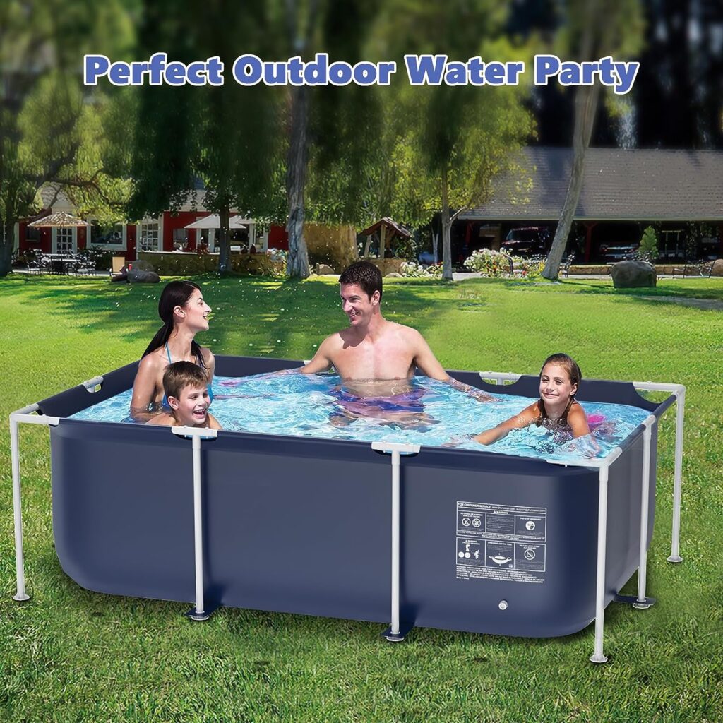 Above Ground Swimming Pool, Jhunswen 8.3ft x 5ft x 26in Outdoor Rectangular Steel Frame Pool for Adults Family, Grande Splash Square Pool for Kids, Easy Setup Pool with Repair Kit (No Filter Pump)