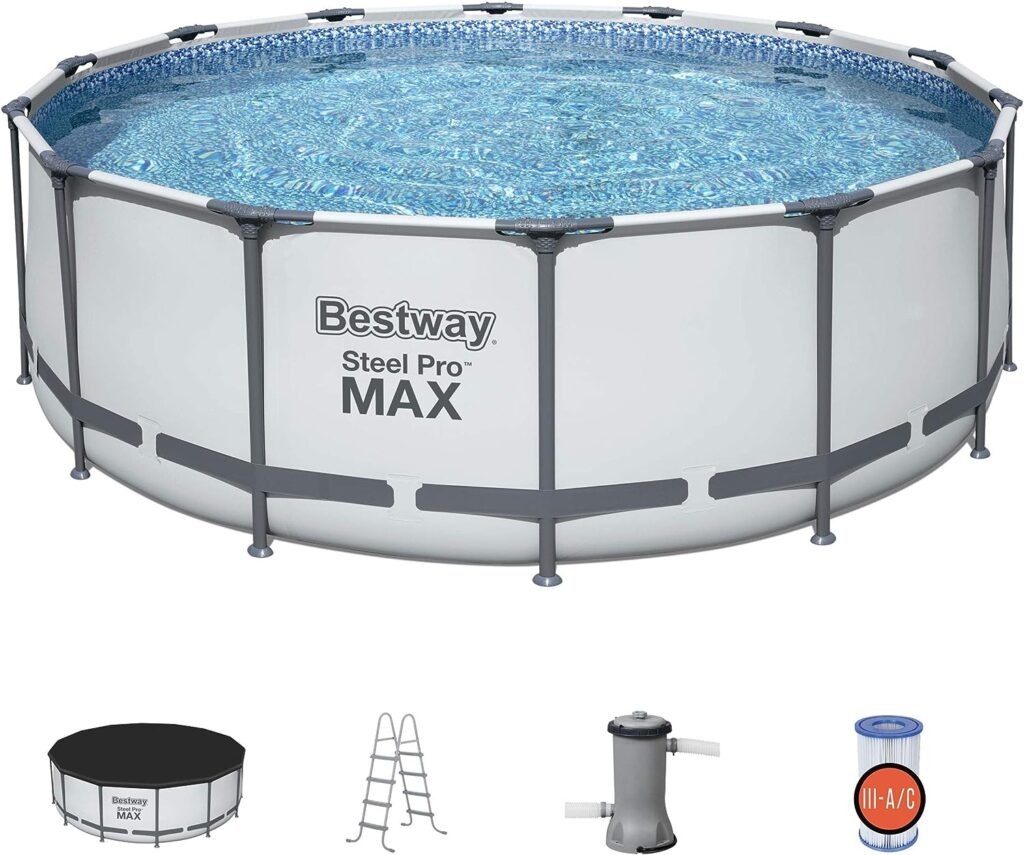 Bestway Steel Pro MAX 14 Foot x 48 Inch Round Metal Frame Above Ground Outdoor Swimming Pool Set with 1,000 Filter Pump, Ladder, and Cover