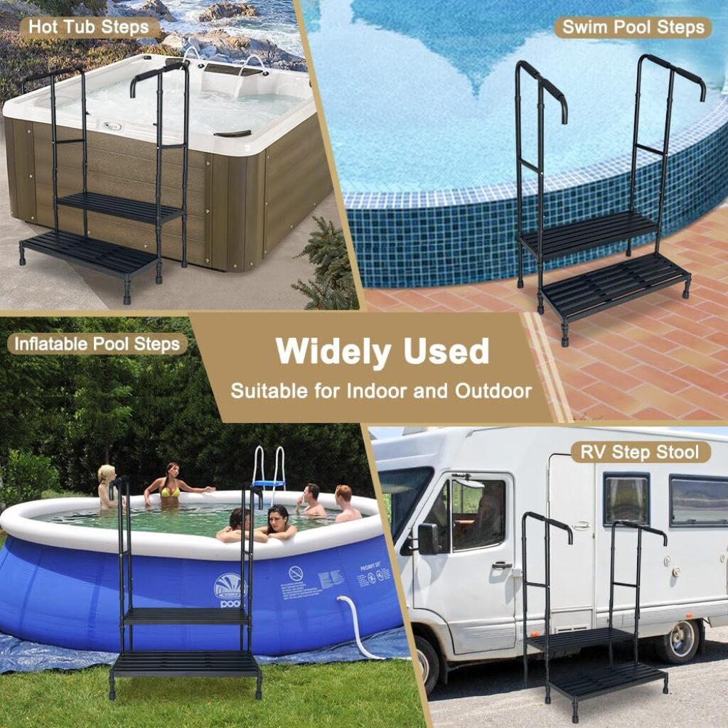 Pool Steps Above Ground Stairs Swimming Pool Ladder Heavy Duty 400lb Capacity Above Ground Pool Entry Steps Hot Tub Stairs SPA Steps with Handrail Sturdy Platform Handicap Pool Step Stool