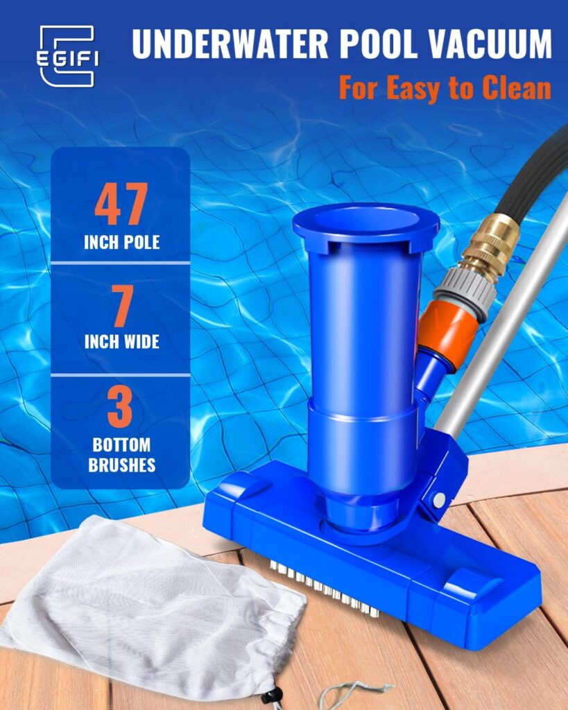 Portable Pool Vacuum for Above Ground Pool, Jet Underwater Cleaner with 3 Scrub Brush, Mesh Bag and 5 Section Pole of 47, Attach to Common Garden Hose, Blue