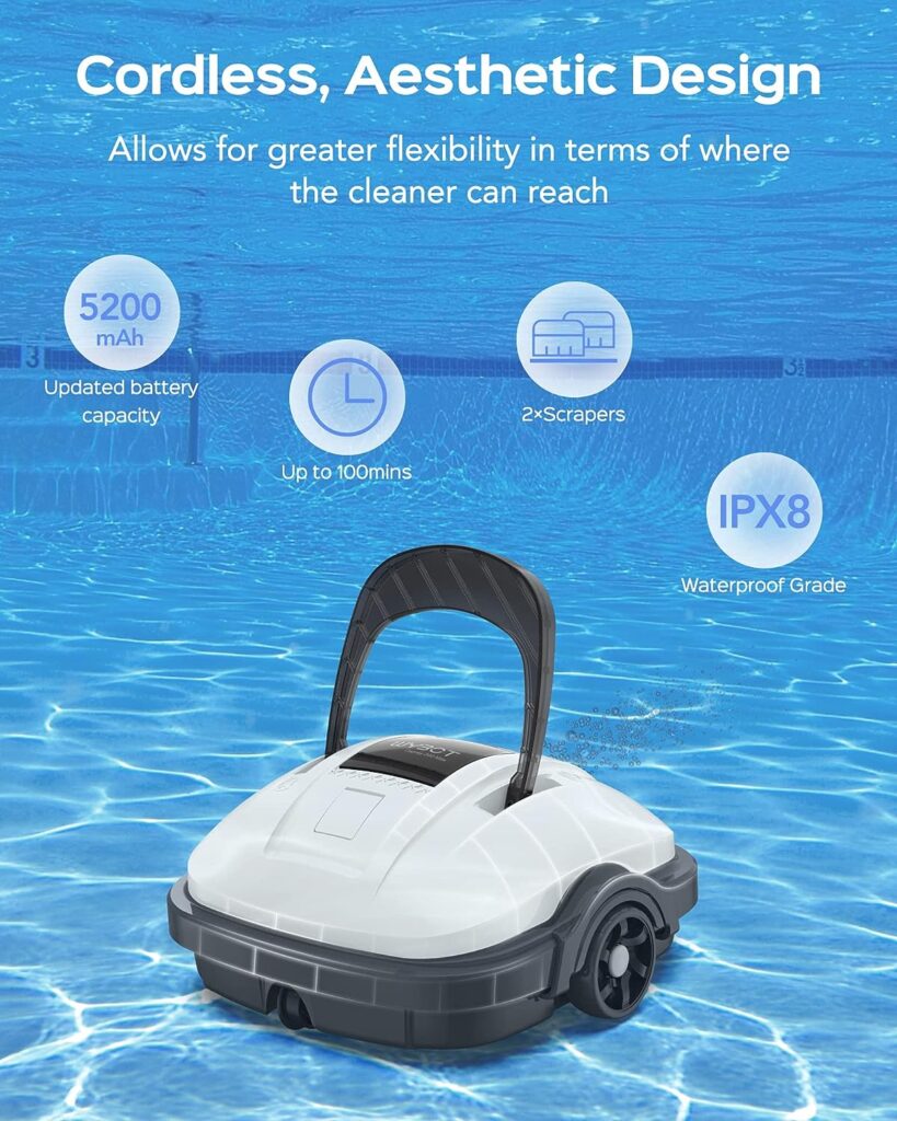 WYBOT Cordless Robotic Pool Cleaner, Lasts 100Mins Runtime, Automatic Pool Vacuum, Powerful Suction, IPX8 Waterproof, Ideal for Above Flat Bottomed Pools Up to 861 Sq.Ft Osprey 200Max-White